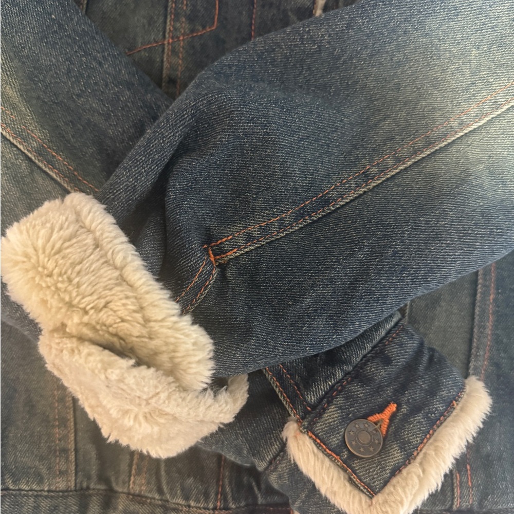 Vintage 90s Fur Denim Jacket Small Embroidered Patches, Beads Floral Butterfly - Picture 5 of 13